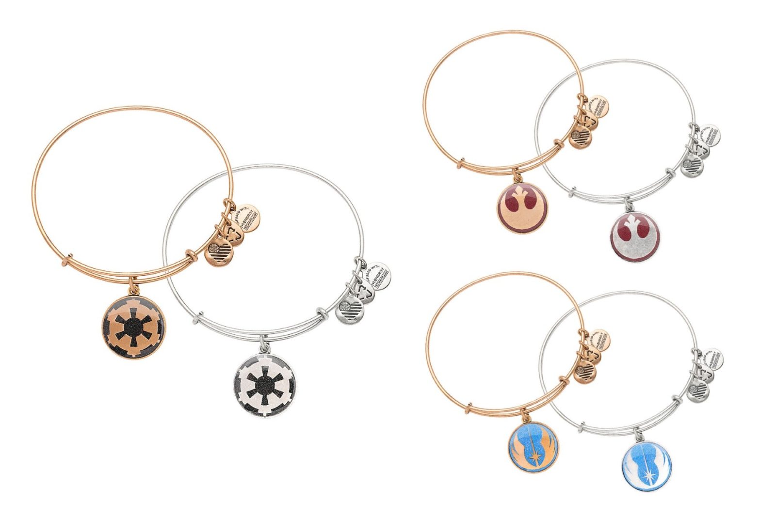 Alex And Ani x Star Wars Imperial Jedi Order Rebel Alliance symbol expandable charm bangle bracelets at Disney Store