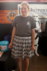 Fan wearing a skirt she made from Star Wars fabric