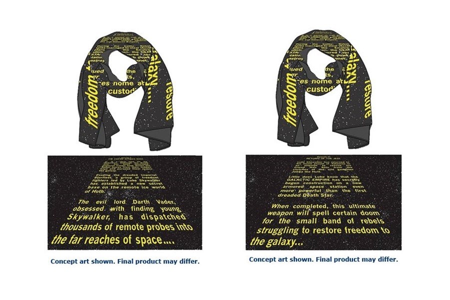 Mighty Fine x Star Wars opening crawl scarves available at Entertainment Earth