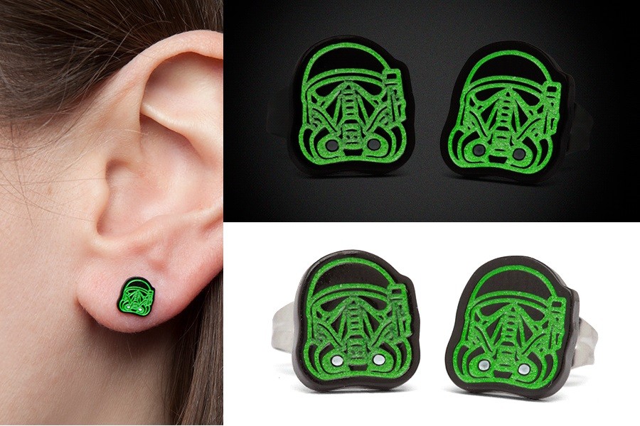 Rogue One glow-in-the-dark Deathtrooper stud earrings available at ThinkGeek