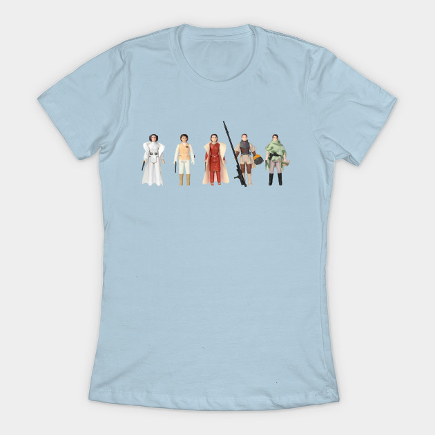 Women's Star Wars Princess Leia vintage action figure lineup t-shirt on TeePublic