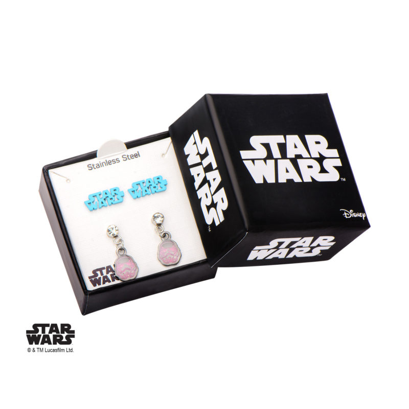Body Vibe x Star Wars Stainless Steel pink Stormtrooper and Star Wars logo stud earrings set