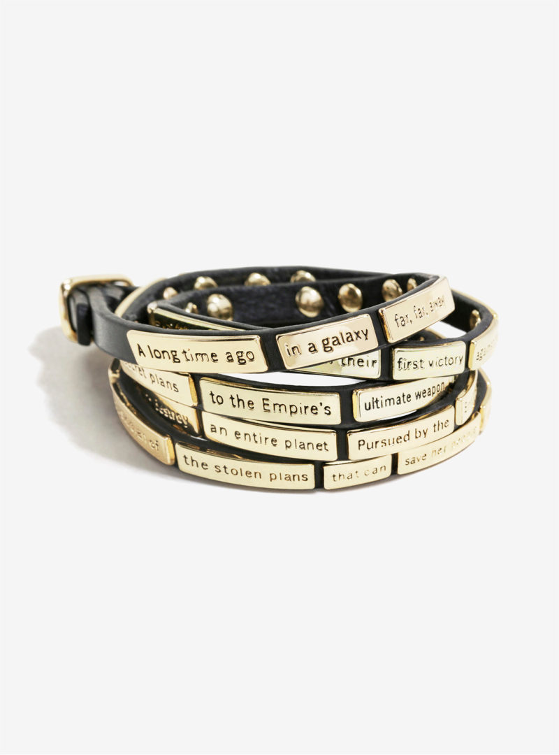 Love And Madness x Star Wars A New Hope opening crawl gold and black leather wrap bracelet at Her Universe