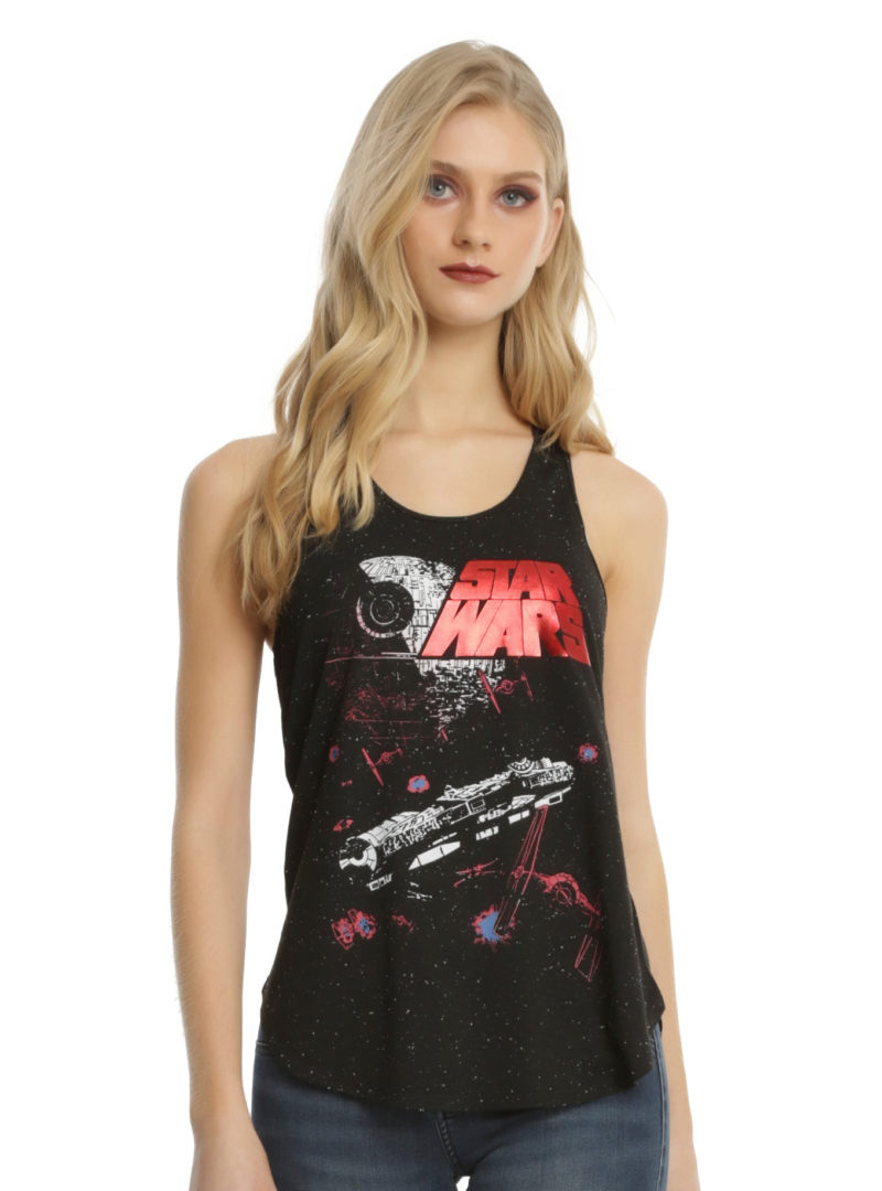 Women's Star Wars red foil logo Death Star Battle tank top at Hot Topic