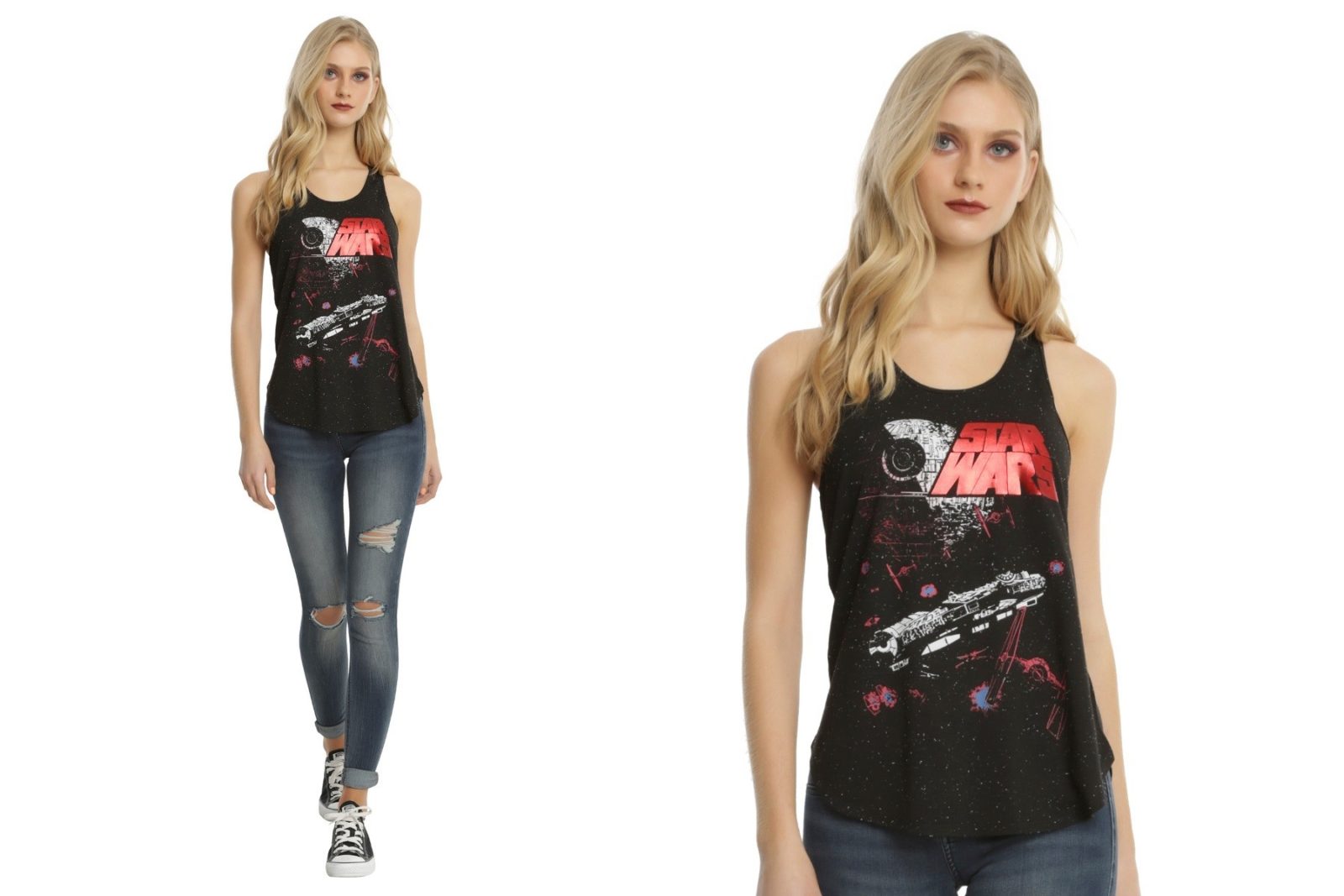 Women's Star Wars red foil logo Death Star Battle tank top at Hot Topic