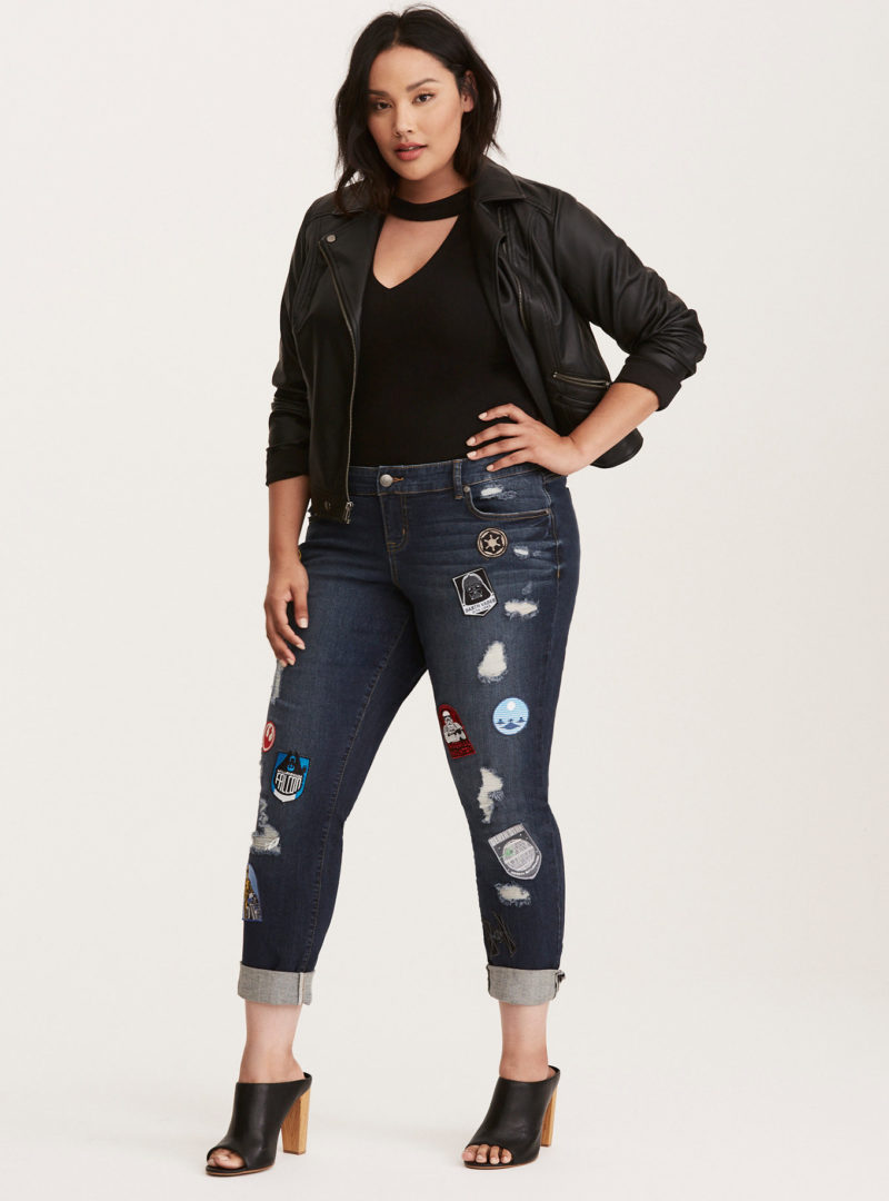 Women's Torrid Premium Boyfriend style plus size jeans with embroidered Star Wars patchs