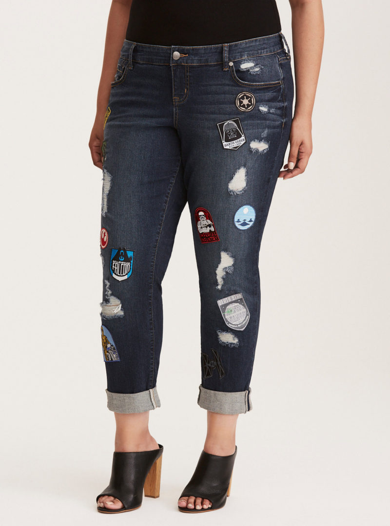 Women's Torrid Premium Boyfriend style plus size jeans with embroidered Star Wars patchs