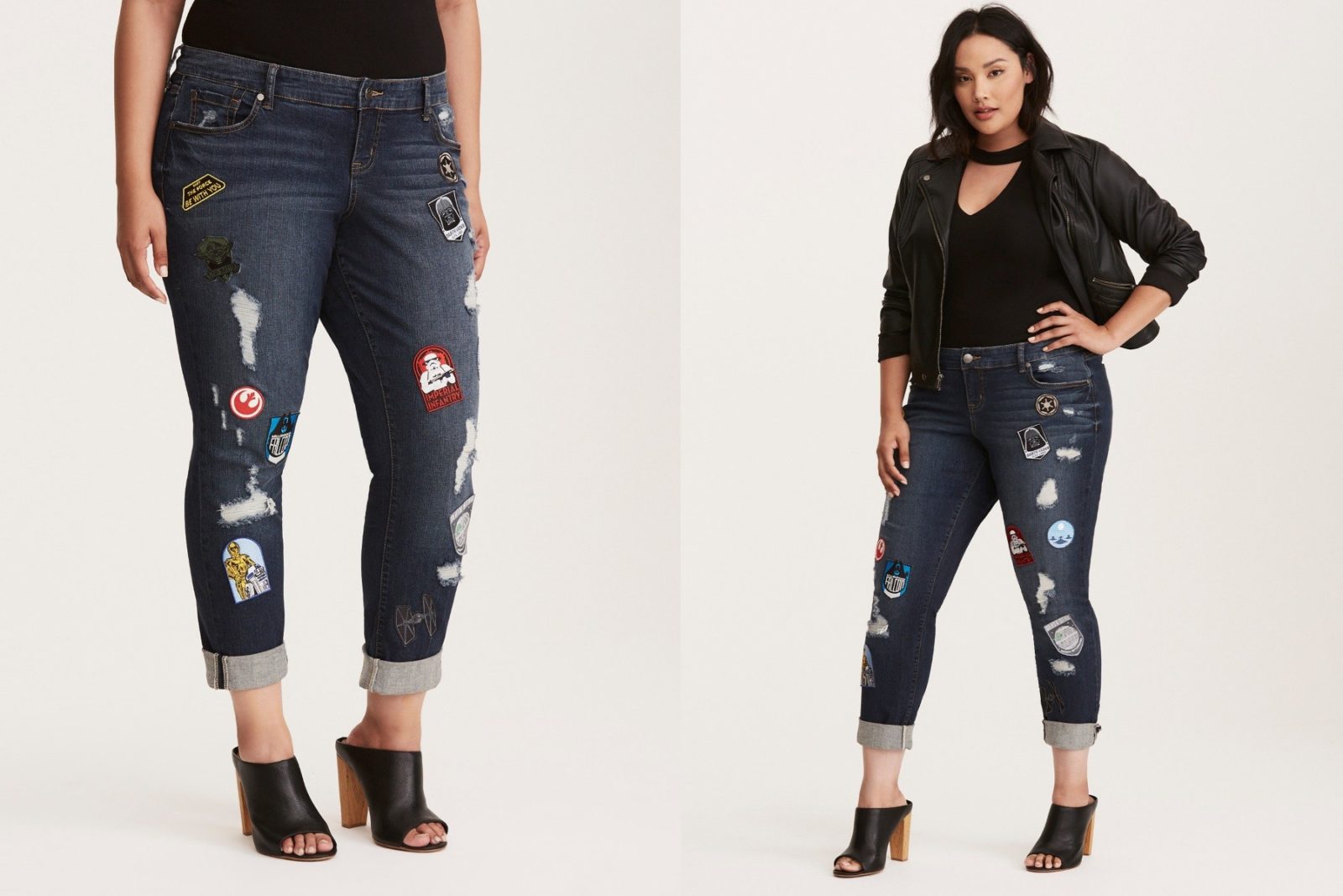 Women's Torrid Premium Boyfriend style plus size jeans with embroidered Star Wars patchs