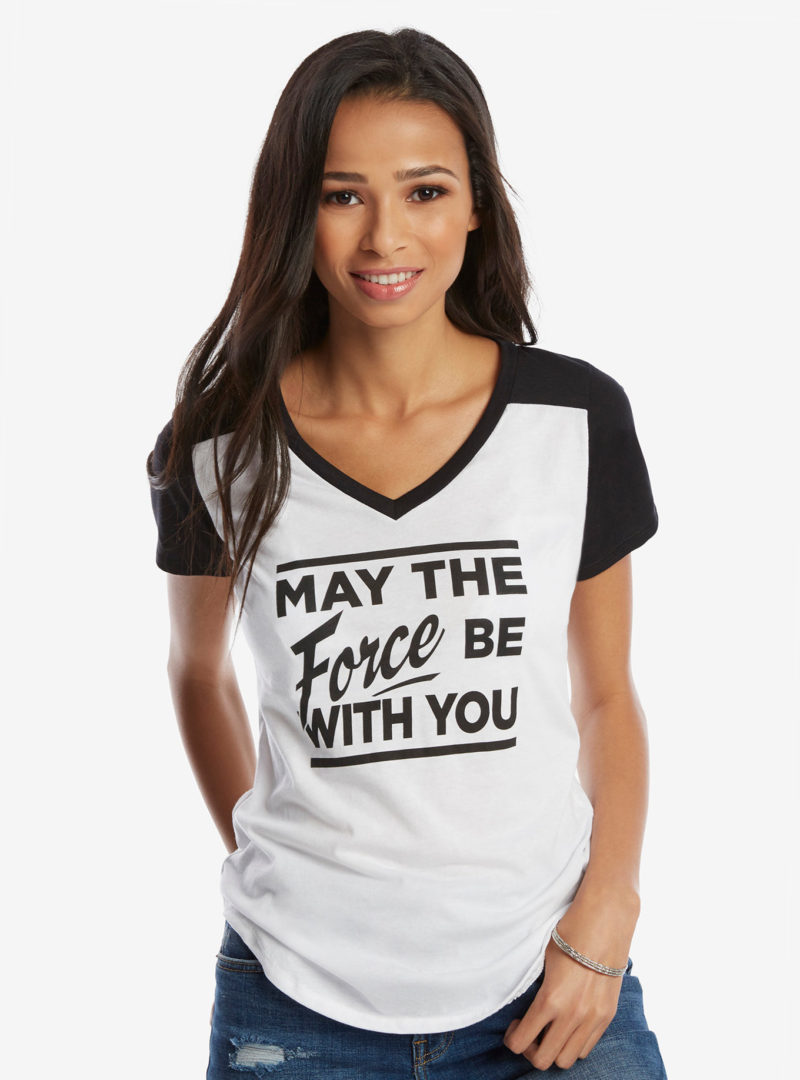 Women's Her Universe x Star Wars May The Force Be With You text quote varsity v-neck t-shirt