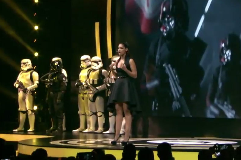 Janina Gavankar wearing Star Wars Inferno Squad inspired dress at EA Play event 2017