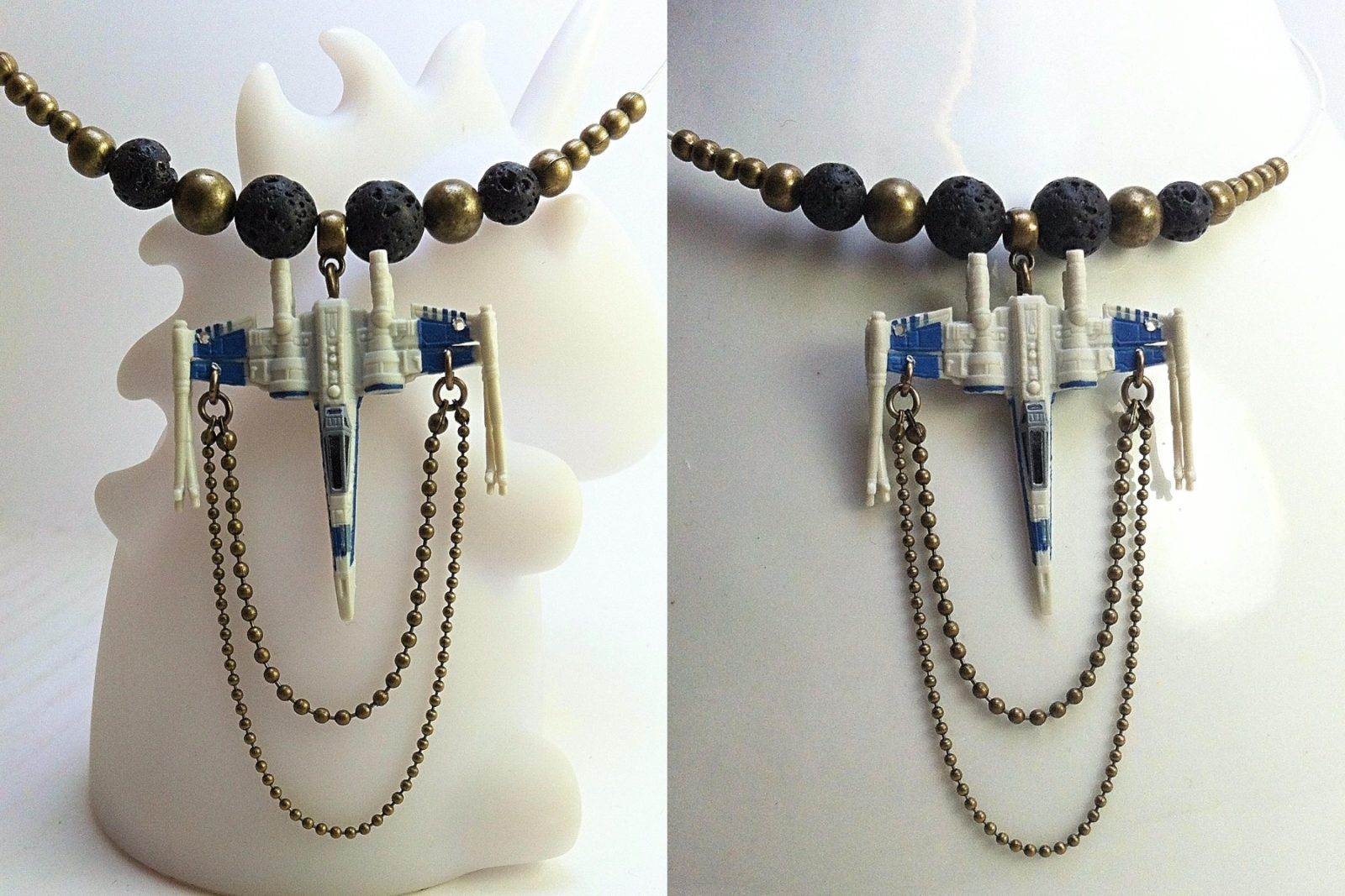 Fan made Star Wars X-Wing Fighter beaded necklace by Etsy seller Bouton d'Or Création