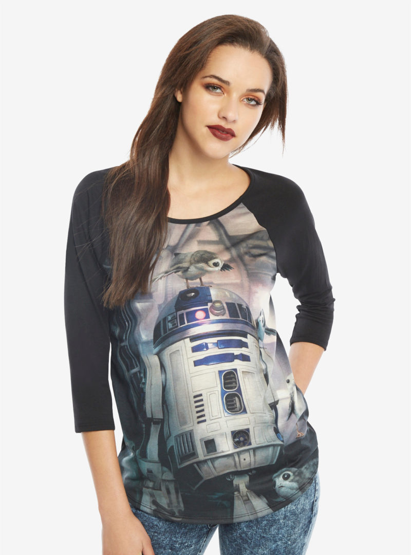 Women's Her Universe x Star Wars The Last Jedi R2-D2 and porgs raglan t-shirt at Hot Topic