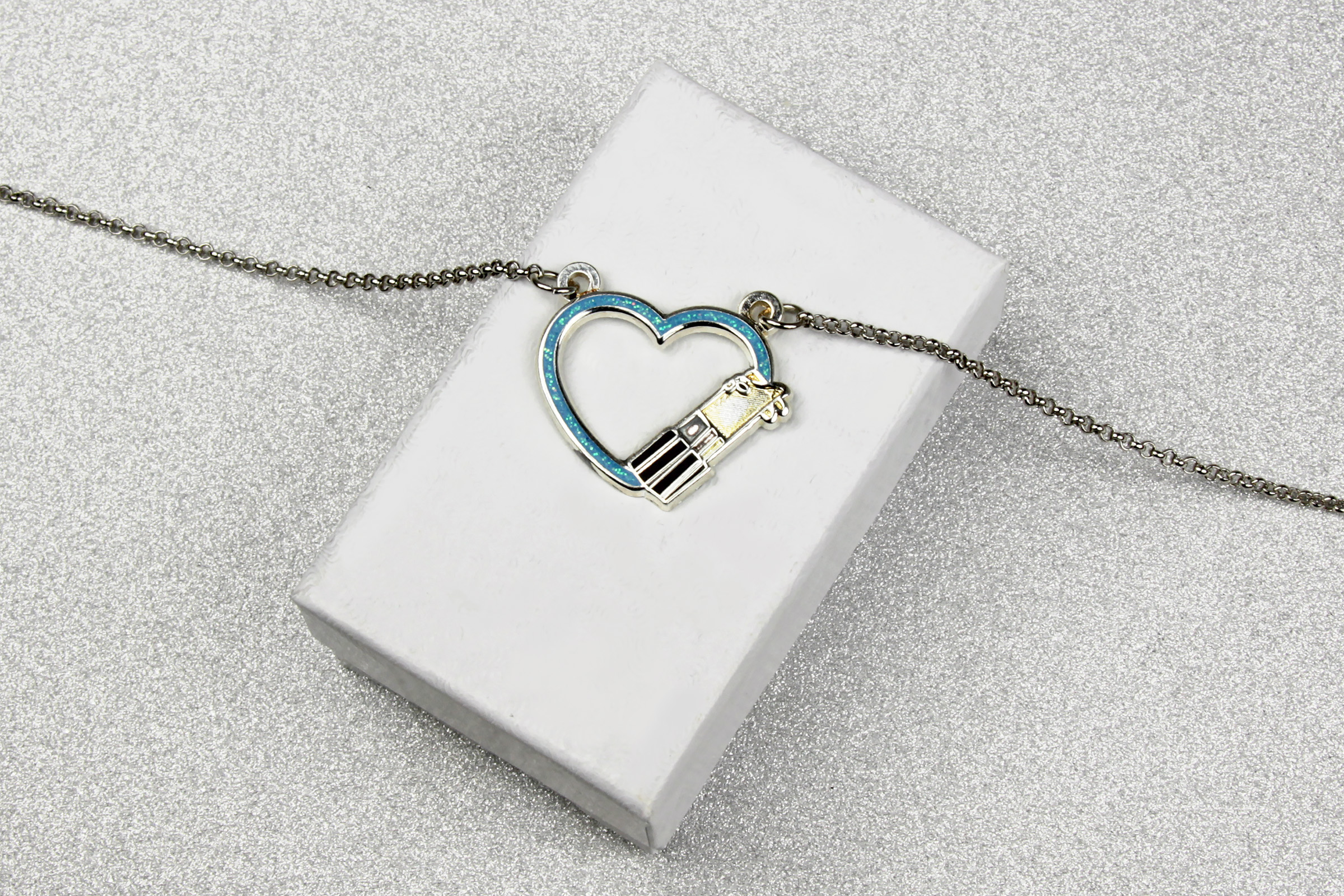 Star Wars Lightsaber Heart Blue Glitter Necklace by Lantern Pins